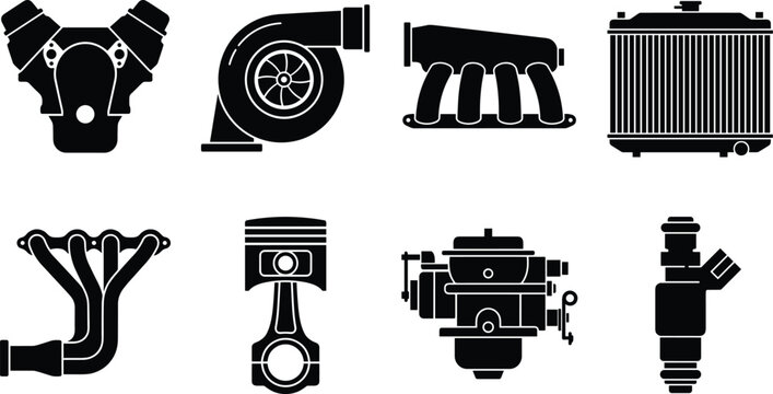 Automotive Engine Parts Silhouette Collection with Turbocharger Radiator and Piston