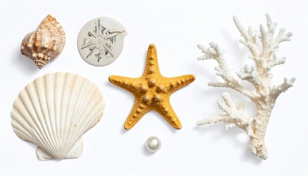 Marine collection with starfish, coral, shell, pearl, sand dollar
