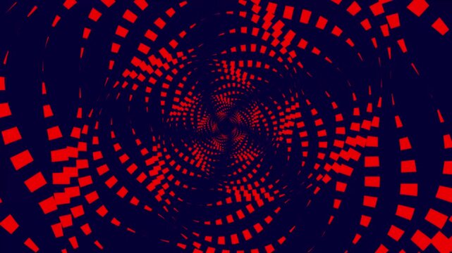 Red square geometric spiral tunnel motion background, abstract digital vortex animation