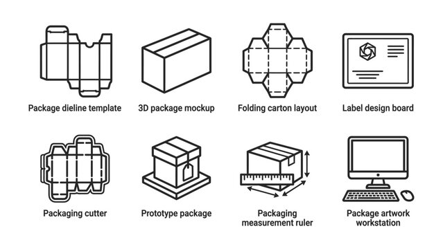Packaging Design Elements: A collection of technical drawings and diagrams illustrating various aspects of packaging design, including dieline templates, 3D mockups, carton layouts, label design.