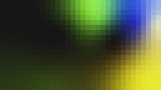 Textured grainy abstract grid backdrop featuring a smooth color gradient transition from black through lime green, deep blue, to warm yellow.