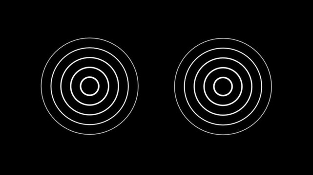Minimalist concentric circles animation, pulsing geometric rings motion on black background abstract
