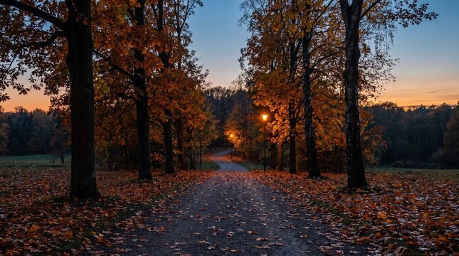 Long alleyway lined with golden trees during autumn time change at sunset as street lamps illuminate path for fall back nights clock change atmosphere in park