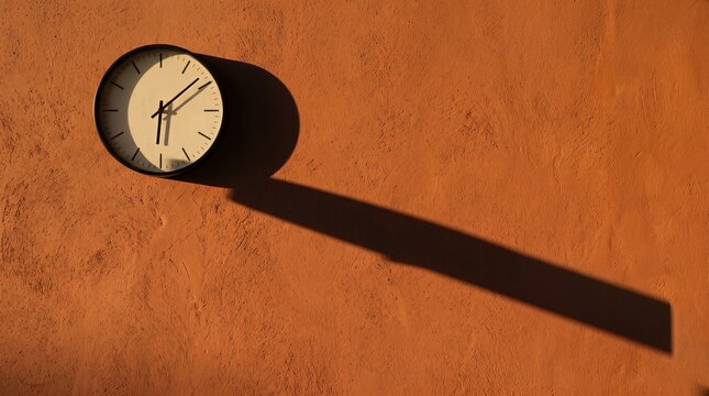 Antique clock casting long shadow on textured orange wall during golden hour, symbolizing time passing and autumn time change.