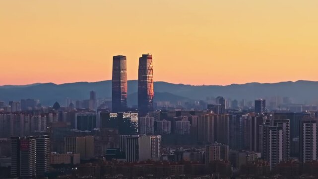 Jinan City Skyline at Sunset with Modern Skyscrapers and Mountains, Shandong, China in Jinan, Shandong, China