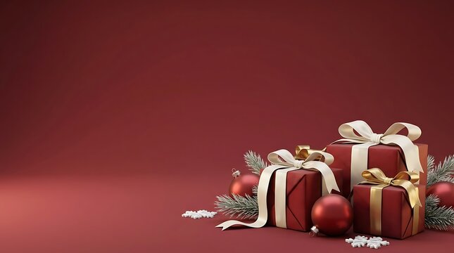 Festive christmas gifts with ribbons and ornaments on a red background for holiday celebrations