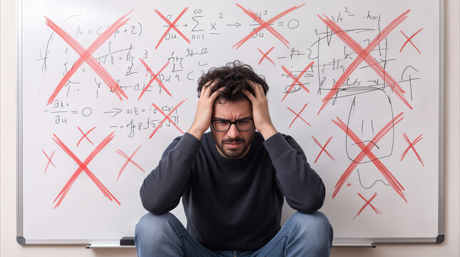 Frustrated student holding head in hands while sitting before whiteboard with incorrect math equations. Academic failure and learning difficulties concept.