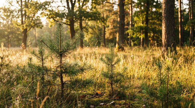 Small pine saplings grow in a sunlit meadow during a peaceful autumn morning.