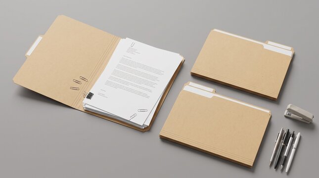 Open and closed cardboard folders with documents on a neutral grey background office mockup.