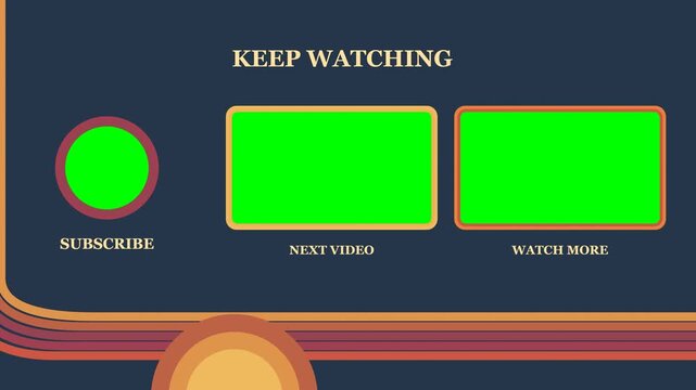 Retro seventies end screen template with keep watching text, green screen subscribe button, and media placeholders on navy. Wavy sunset stripes frame the layout for channel outros and playlists.