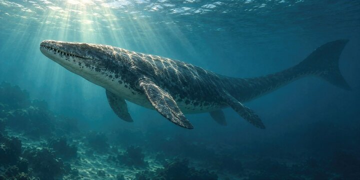 Prehistoric Mosasaur Swimming Underwater Illuminated by Sunbeams