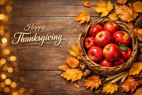 Happy thanksgiving apples in woven basket with autumn leaves for seasonal poster background and holiday greeting banner design