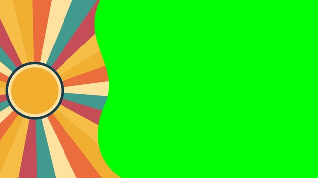Retro seventies sunburst chapter card with radiating rays and orange sun on green screen side panel. Wavy edge in coral, teal, and cream for chroma key text. Nostalgic template for titles and menus.