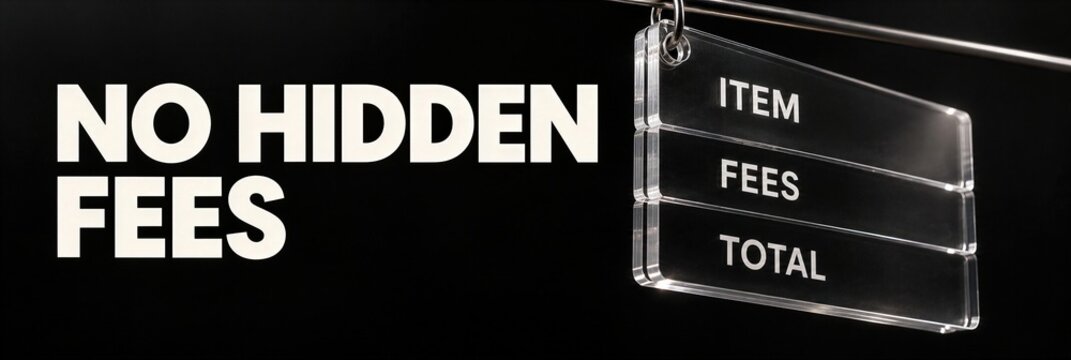 Clear Acrylic Sign Displaying No Hidden Fees Message on Black Background