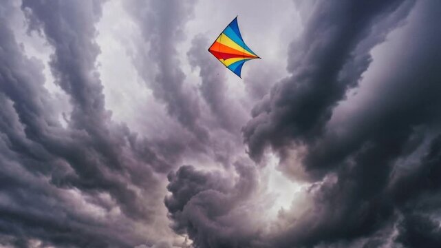 A vibrant, colorful kite rapidly ascends into a dramatically stormy sky, its bright hues creating a powerful contrast against the dark, swirling clouds.