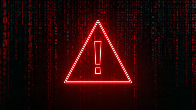 A glowing red warning symbol shines brightly against a dark digital matrix background of falling binary code. Ideal for cyber security alerts and malware threat concepts.