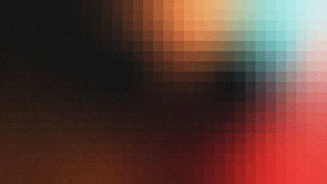 Abstract textured background with grainy noise effect and semi-transparent grid layers. Smooth gradient shifts from black through warm orange to cool cyan and rich red.