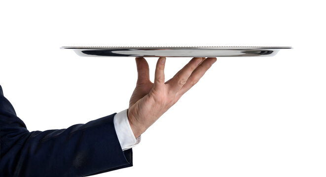 Professional waiter hand in suit holding empty silver serving tray isolated on white background for catering.