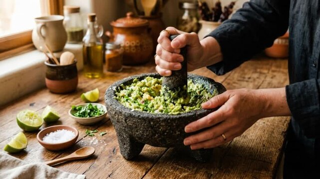 Person's hands mashing fresh avocado, lime, and cilantro in a traditional stone mortar and pestle on a rustic wooden kitchen countertop, preparing homemade guacamole.