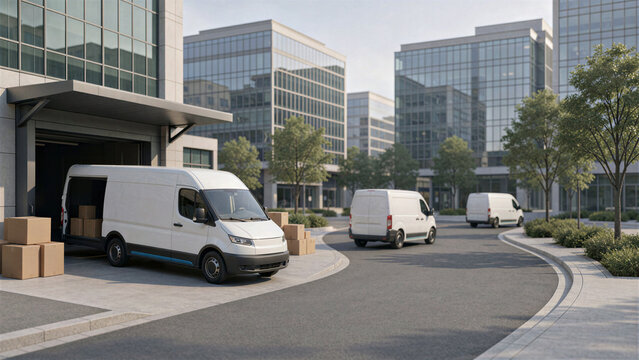 White Delivery Vans Loading Cargo at Modern Industrial Business Park Warehouse Facility
