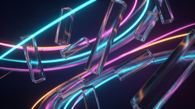 Floating glass rectangles reflect vibrant neon light trails in a dark abstract background.