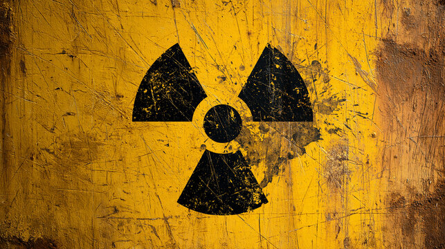 A weathered radioactive hazard symbol painted on a rusted yellow metal plate with scratches. This dramatic industrial texture works well for nuclear safety and danger concept.
