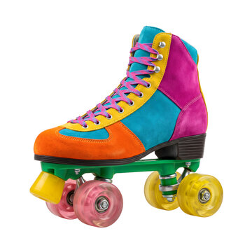Retro multi colored roller skate with pink wheels for vintage sports recreation and disco skating fashion.