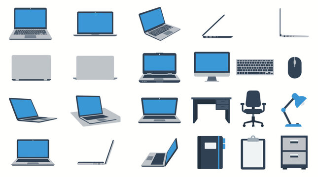 Large set of flat vector icons featuring various laptop computer angles monitor screen and essential office furniture like desk chair lamp and filing cabinet for business workspace design