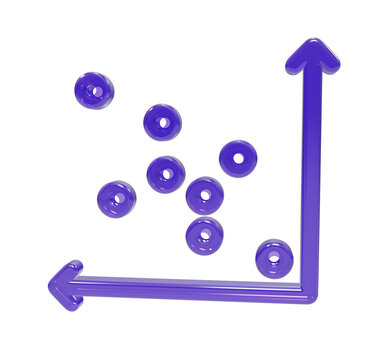 A3d glossy purple scatter plot chart with an upward trend arrow, isolated on a transparent background, for statistical data analysis