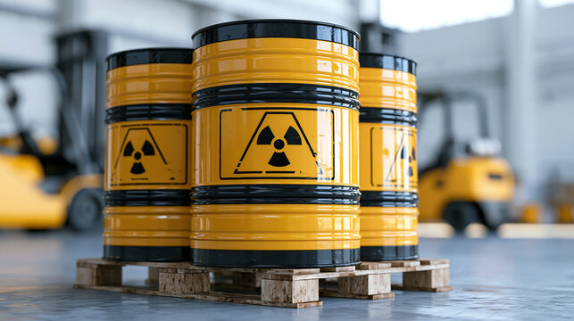Yellow and black radioactive waste barrels sit stacked on a wooden pallet inside an industrial warehouse. This hazard concept image is ideal for nuclear energy and environmental.