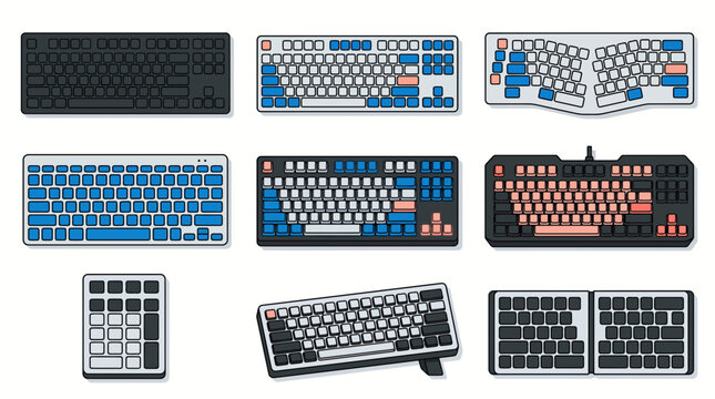 Comprehensive vector illustration collection of various mechanical computer keyboard layouts including ergonomic, split, compact, full-size, and numeric keypad designs for gaming and office work.