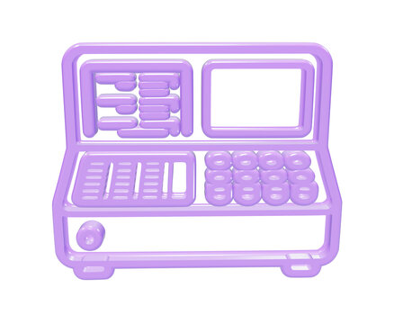A3d rendered of a retail cash register, featuring a glossy light purple outline style, isolated on a solid black background, for clarity