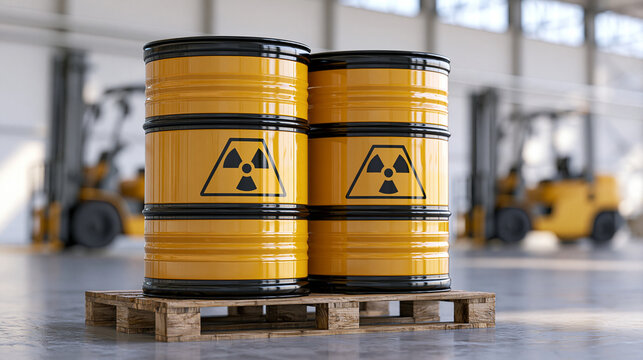 Two yellow radioactive waste barrels sitting on a wooden pallet inside an industrial warehouse. Use this hazardous material storage image for environmental safety and nuclear.