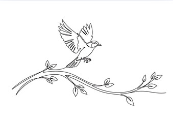 Fototapeta premium Hand Drawn Bird Flying Above a Curved Tree Branch