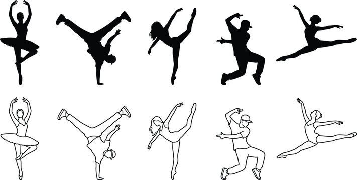 PrintBallet and Breakdance Dancers Silhouette and Monoline Line Art Vector Collection in Dynamic PosesBallet and Breakdance Dancers Silhouette and Monoline Line Art Vector Collection in Dynamic Poses