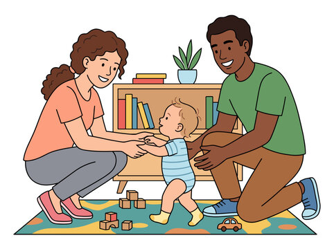 Mixed race baby learning to walk between smiling diverse parents in a cozy home play area concept of parental support family bonding and early childhood development