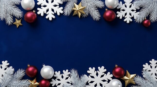 Festive christmas ornaments and pine branches on a dark blue background for holiday season