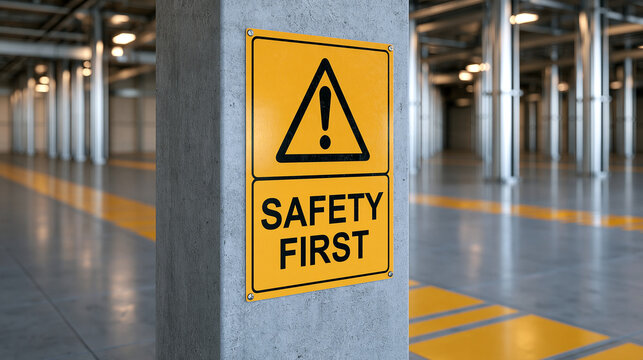 A safety first warning sign mounted on a concrete pillar inside a modern industrial warehouse with bright lighting. Ideal for workplace safety and compliance concepts.