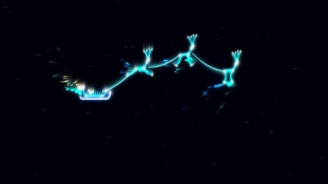 Glowing neon constellation of santa claus sleigh and reindeer flying through the dark starry night sky