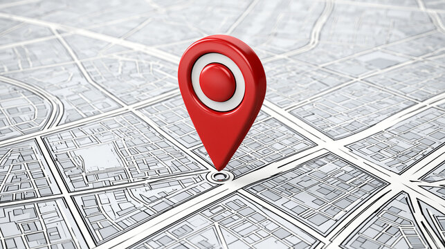 A red map pin marker stands on a detailed city street map background. Navigation and travel destination concept for GPS and location finding.
