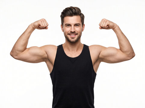 handsome young white man in black athletic tank top flexing double biceps in gym fitness pose isolated on pure white background for banner ad