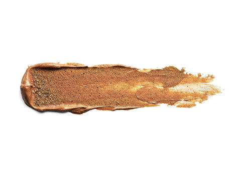 Bronze metallic makeup swatch, shimmering liquid eyeshadow smear on white background, creamy copper cosmetic texture stroke for beauty branding