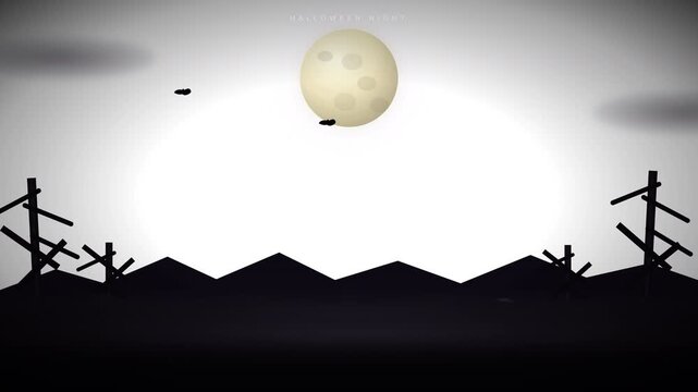 Animated minimalist night landscape silhouette with full moon