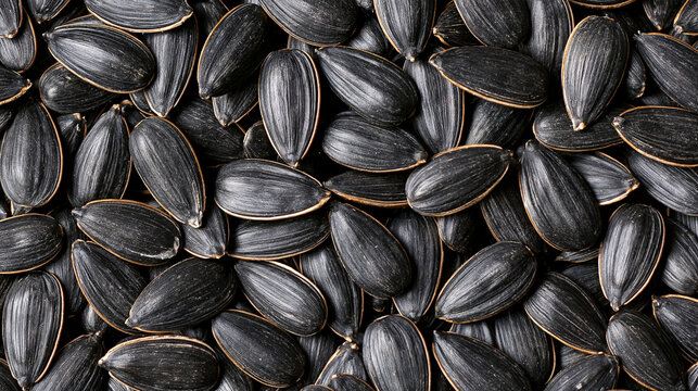 Raw black sunflower seeds are tightly packed in a top-down studio shot. Use this natural food background for agricultural and healthy snack concepts.
