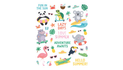 Fototapeta premium Cute summer animal sticker set with funny characters enjoying beach vacation activities tropical holidays and elements