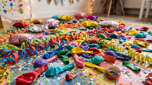 Post-Celebration Mess: A vibrant scene of a room after a lively party, covered in deflated balloons, confetti, streamers, and party hats, depicting the aftermath of a joyful event.