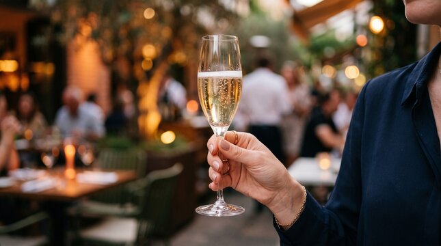 Champagne Toast: A hand gently holds a flute of bubbly champagne, celebrating a special moment amidst a softly lit, atmospheric restaurant, hinting at festive gatherings and fine dining experiences.