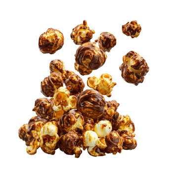 Caramel popcorn with flowing chocolate isolated on white background, concept of cinema sweet snack indulgence