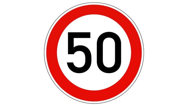 Speed limit sign displaying fifty kilometers per hour on clean white background