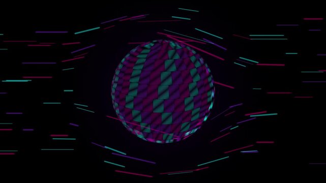 Abstract 3d sphere with a checkered pattern surrounded by floating neon light streaks
